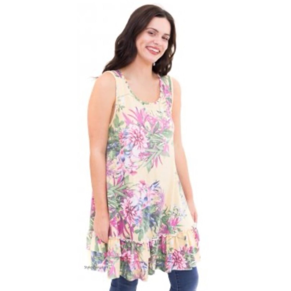 Easel Rena Soft Terry Knit Double Ruffled Trim Fioral Dress, Large